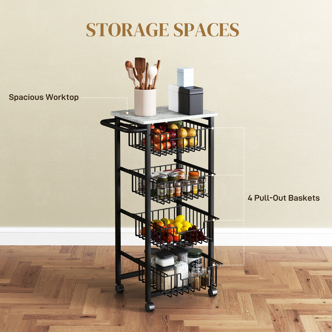 Light grey rolling kitchen island cart with baskets