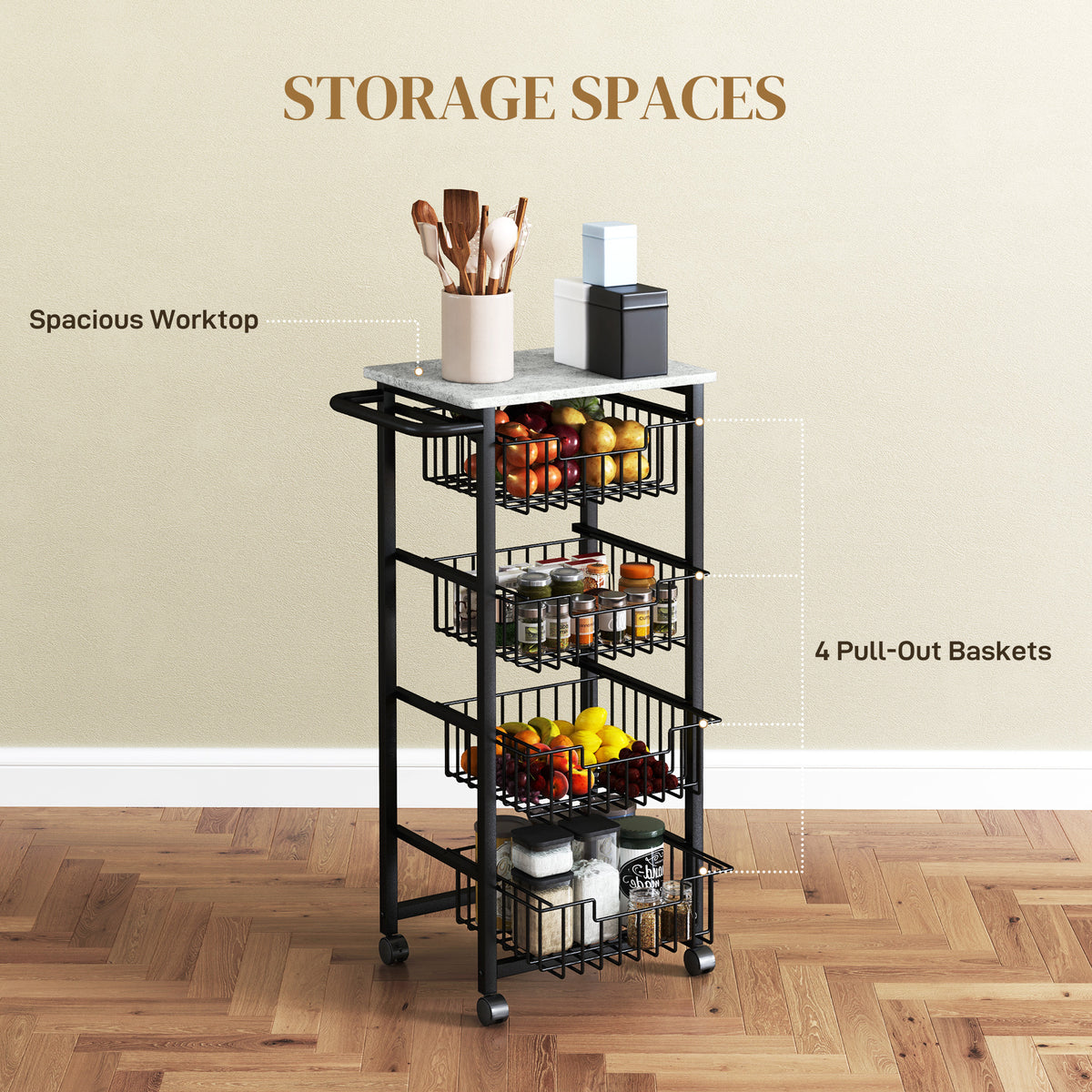 Mobile Kitchen Island with Storage Baskets