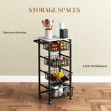 Light grey rolling kitchen island cart with baskets