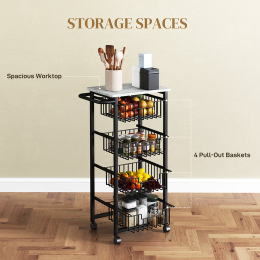 Light grey rolling kitchen island cart with baskets