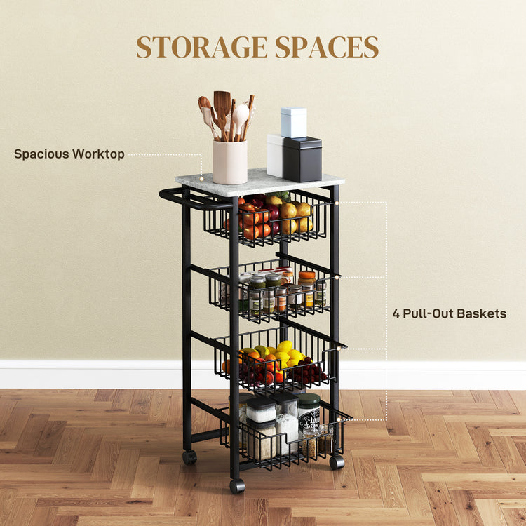 Light grey rolling kitchen island cart with baskets