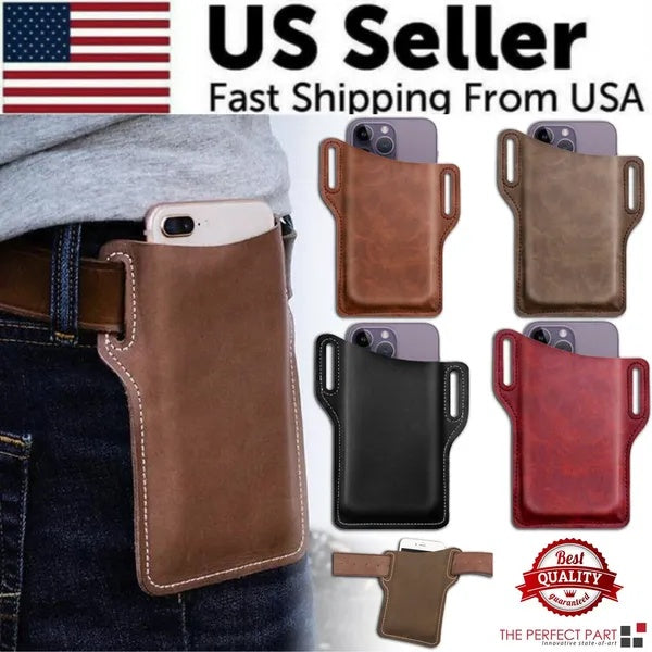 Men's leather-style phone belt holster front view