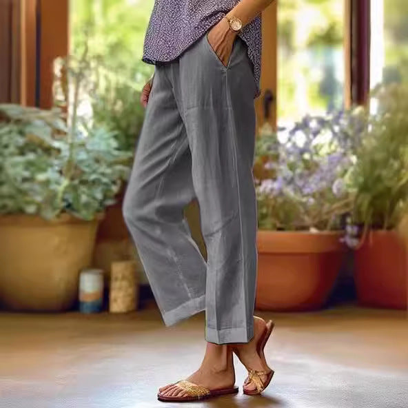 Elastic-waist straight-leg casual pants with pockets