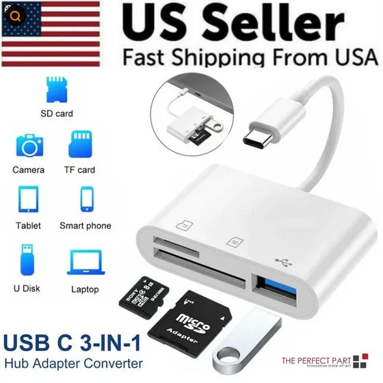 White USB-C 3-in-1 card reader with SD card, microSD card and flash drive