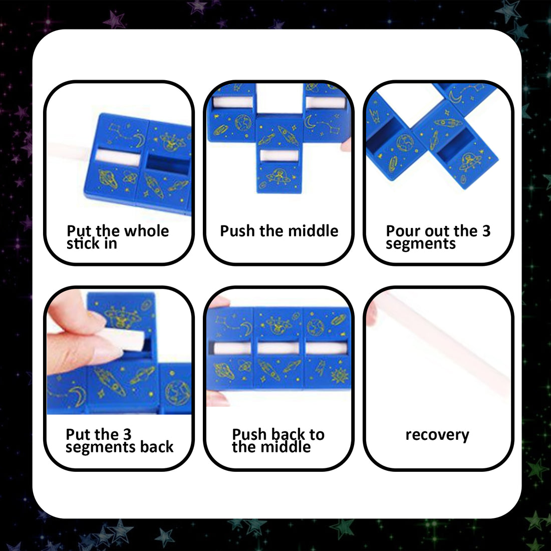 Six-step instructions for a magic trick from the mystery blind box