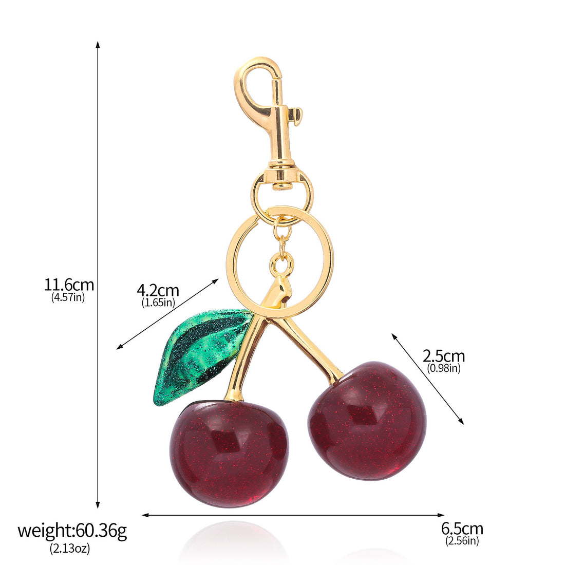 Wine red cherry keychain with a green leaf