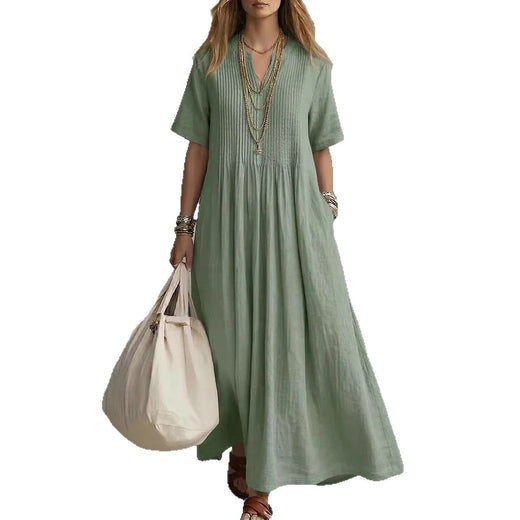 Women's V-Neck Pleated Cotton Linen Dress