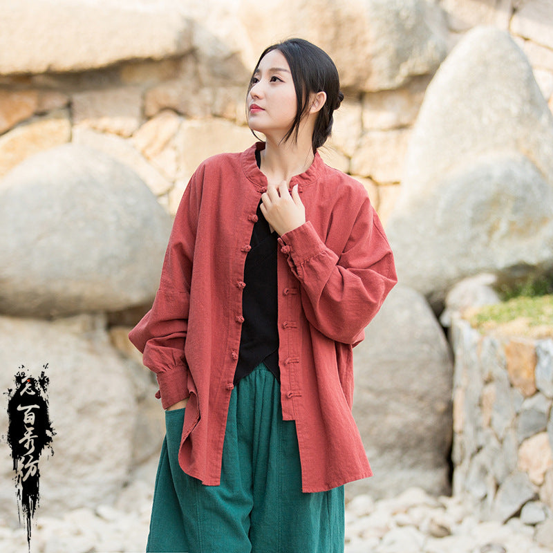 Women's Ramie Cotton Blend Sand-Washed Distressed Stand Collar Cardigan Jacket