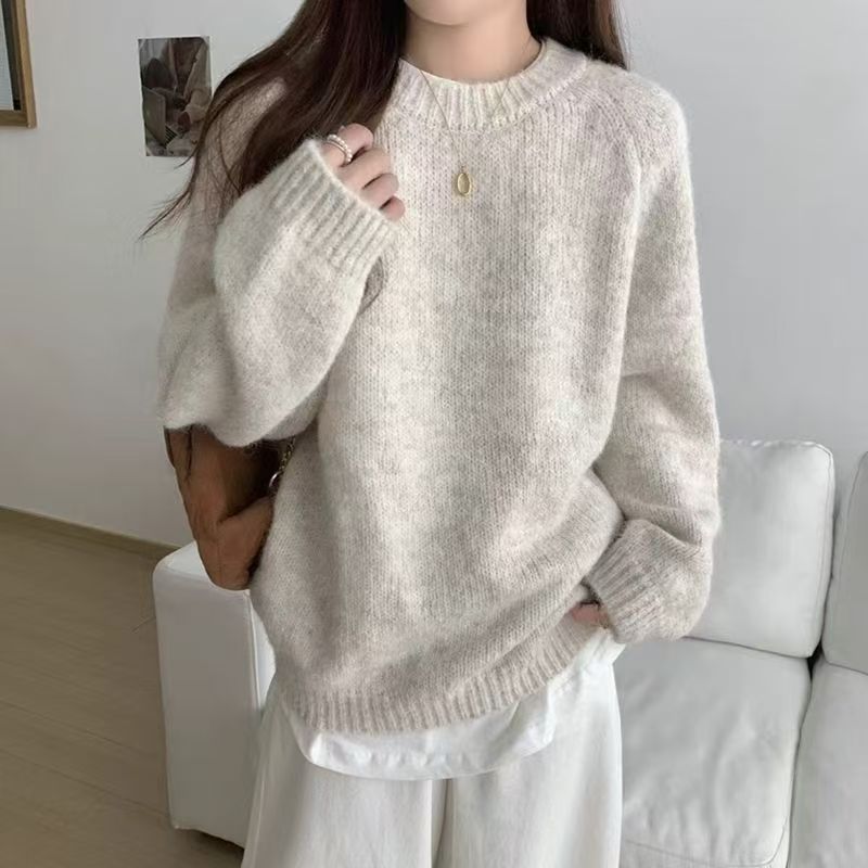 Women's soft knit round neck long sleeve loose pullover sweater, photo 1