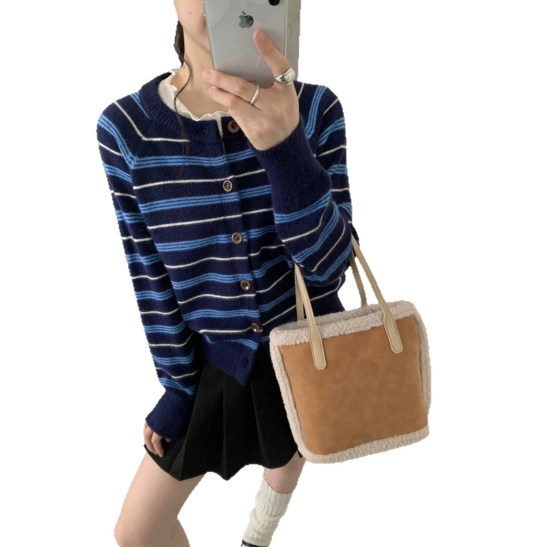 Women Retro Color Block Striped Knit Cardigan Round Neck Long Sleeve Slimming Sweater