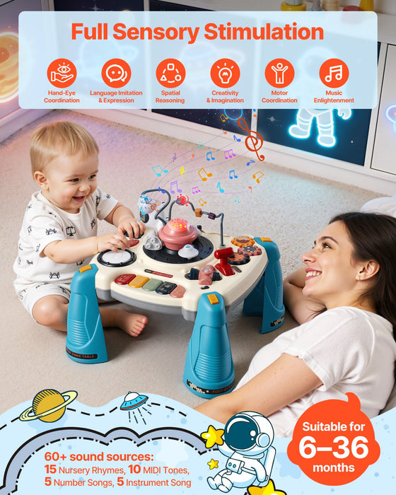 Baby and mother playing with the space-themed musical activity table