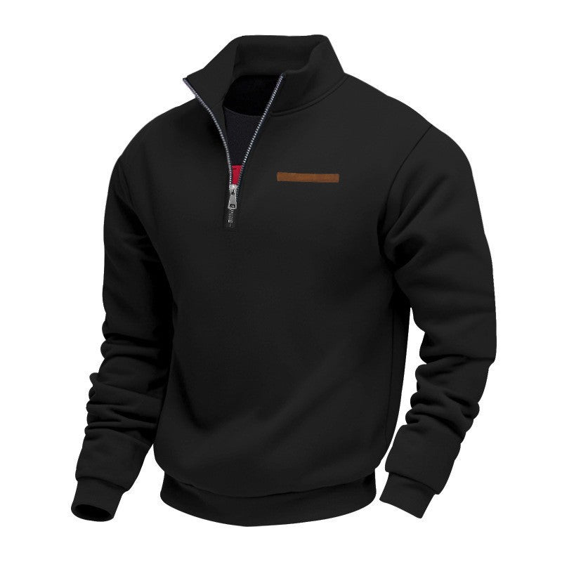 Men's Velvet Lined Half-Zip Stand Collar Pullover Solid Color Casual Loose Sweatshirt