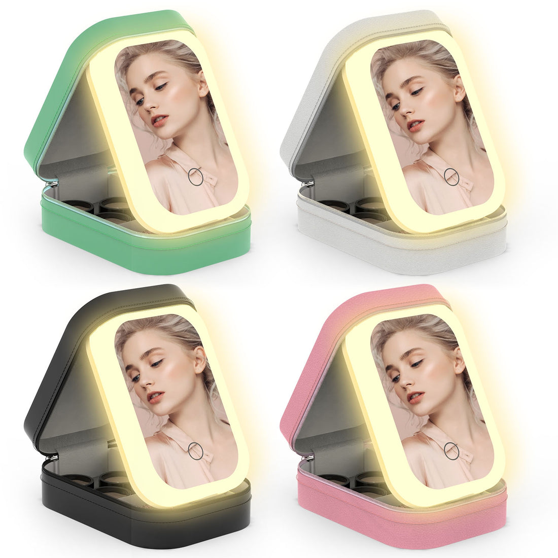 Travel makeup bags with lighted mirrors in green, white, black and pink