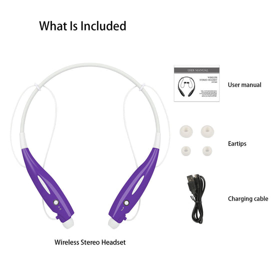 Neckband headphones with ear tips, charging cable and manual