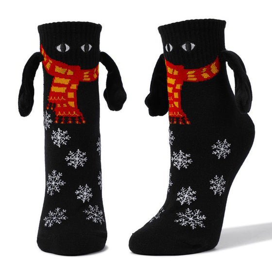 Black Christmas socks with red scarves and snowflake print