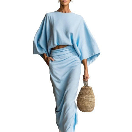 Womens High Waist Long Skirt Set with Loose Top