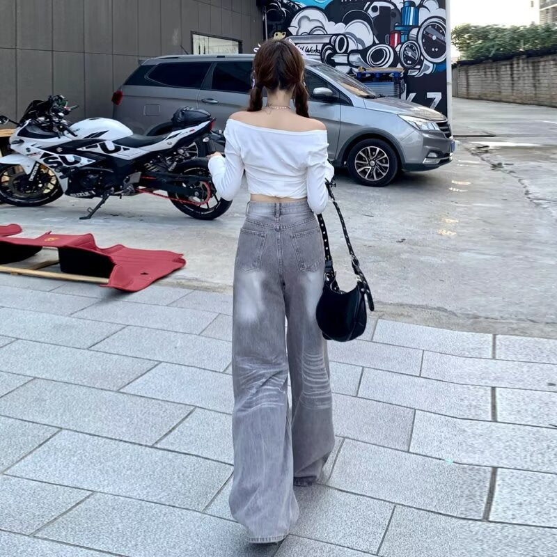American Retro Loose Fit Wide Leg Denim Pants for Women