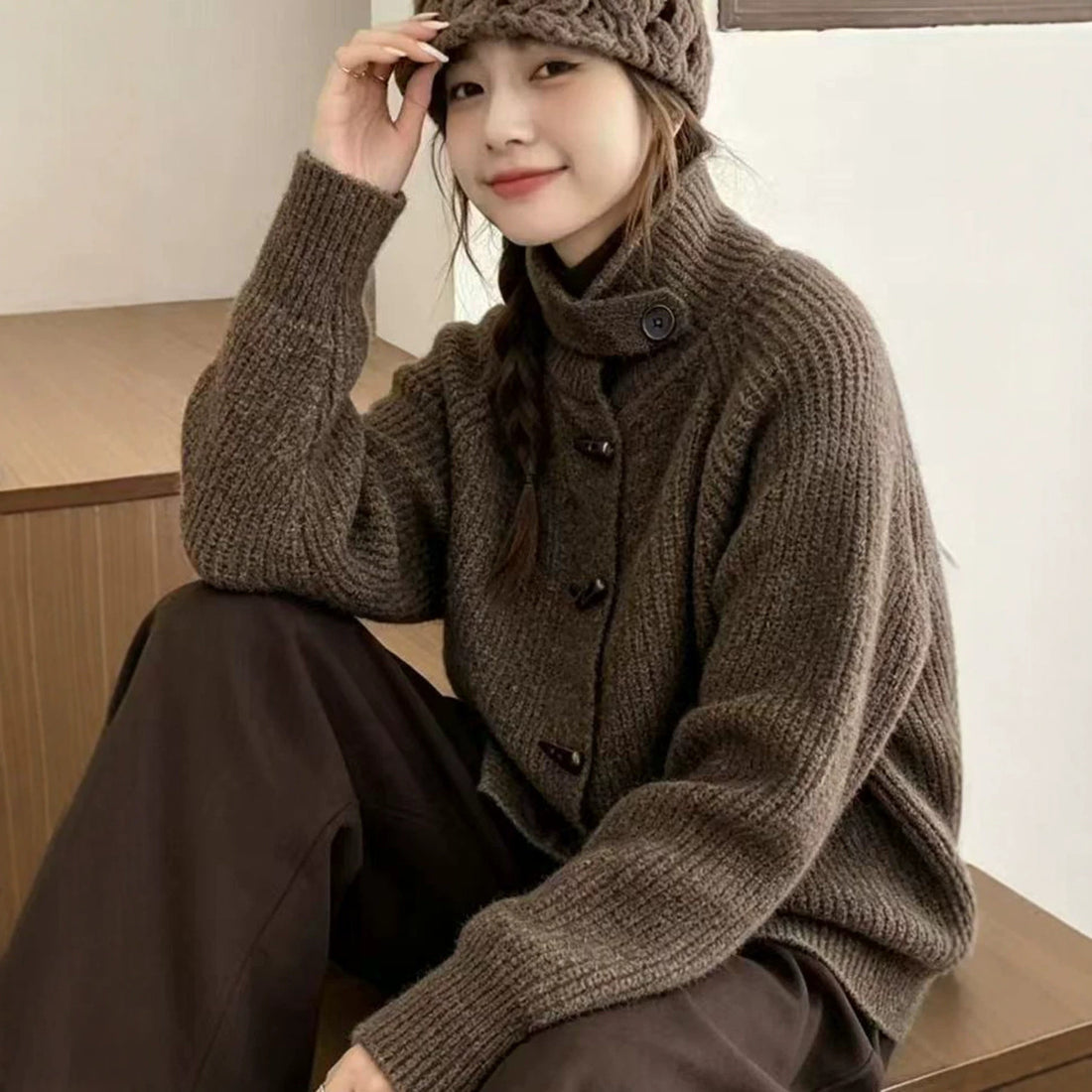 Women Knitted High Collar Cardigan Horn Button Thick Sweater
