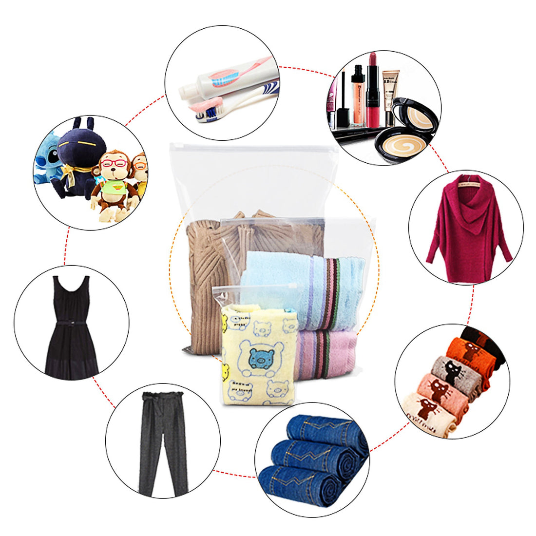 Packing cubes holding clothes, shoes, cosmetics and toiletries