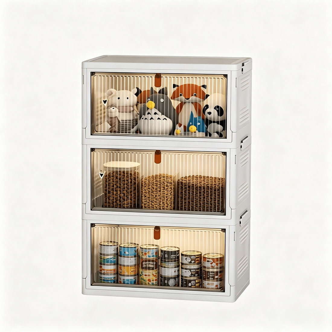 Three stacked storage bins holding toys, kibble and canned food