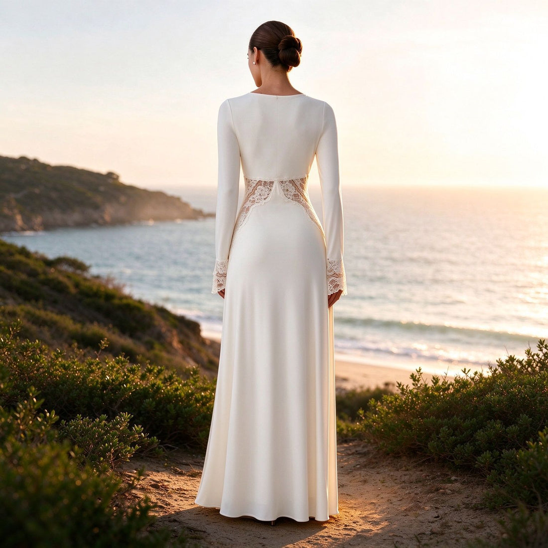 Women's Elegant Lace Patchwork Long Sleeve High-Waist Dress