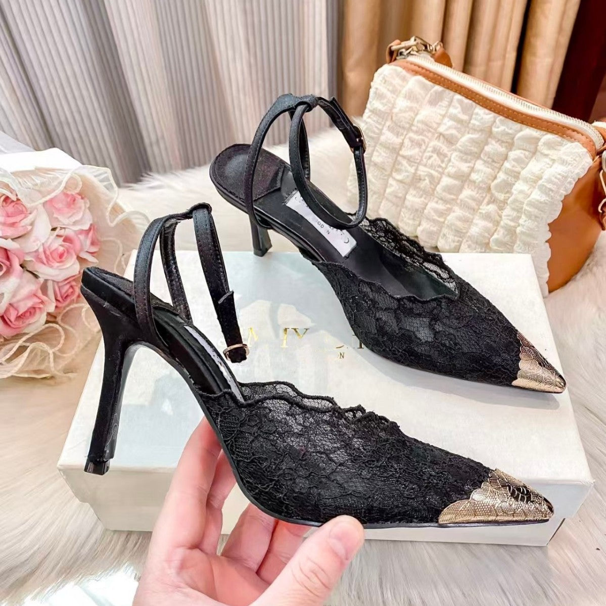 Lace Peep-Toe High Heel Sandals