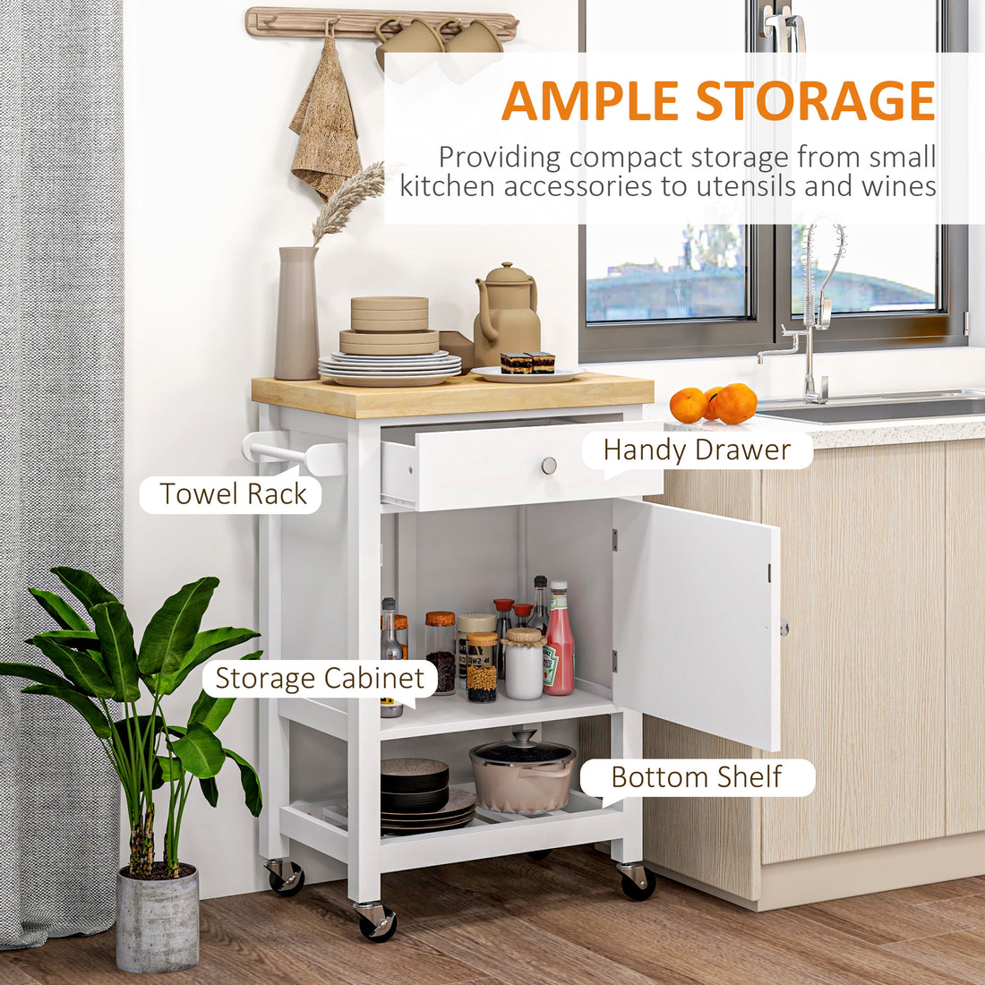 Rubberwood top surface grain detail on kitchen cart