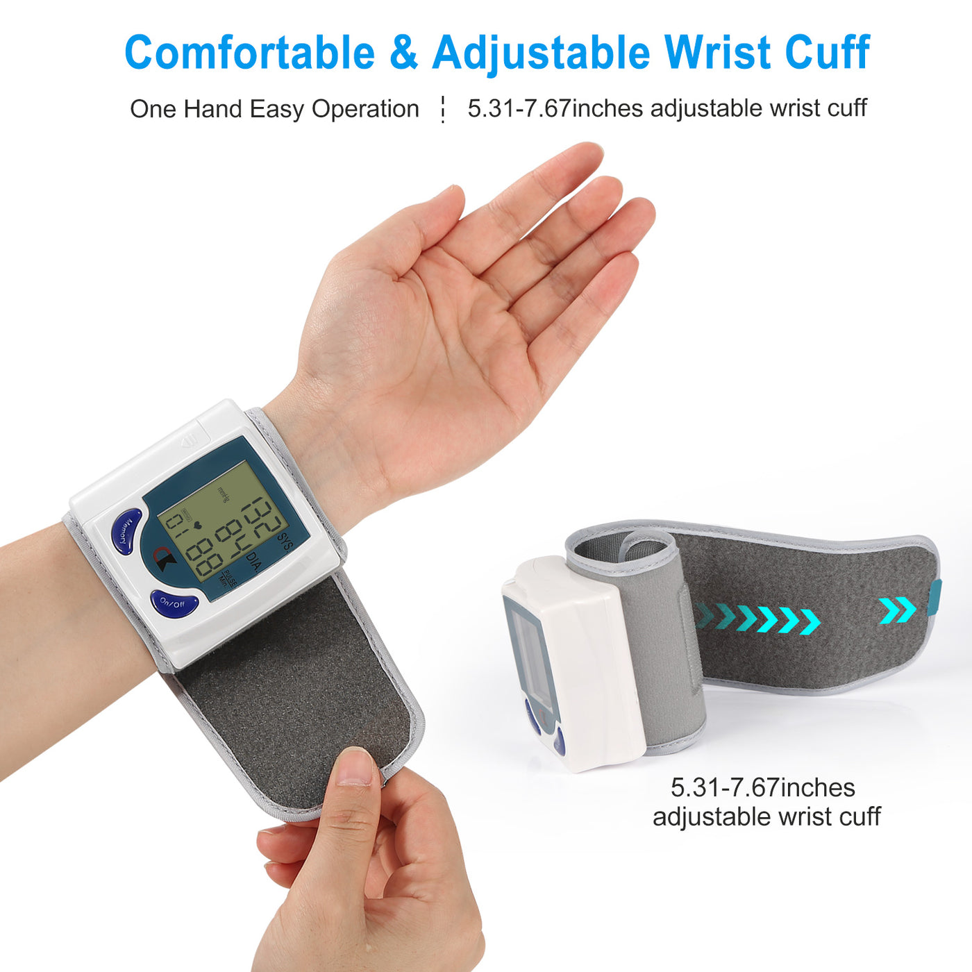 Digital wrist blood pressure monitor in use