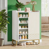 Shoe cabinet with tilt-out compartment open