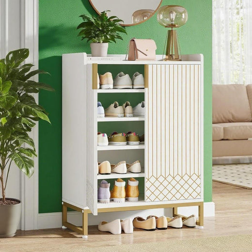 Shoe cabinet with tilt-out compartment open