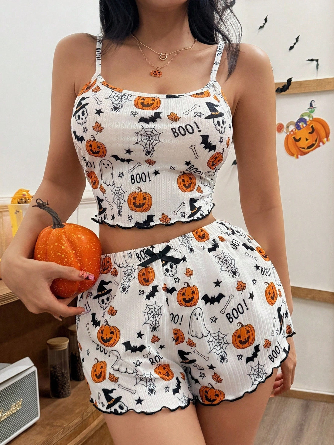 Pumpkin Print Bow Suspender Shorts Homewear Set