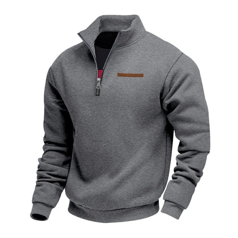 Men's Velvet Lined Half-Zip Stand Collar Pullover Solid Color Casual Loose Sweatshirt