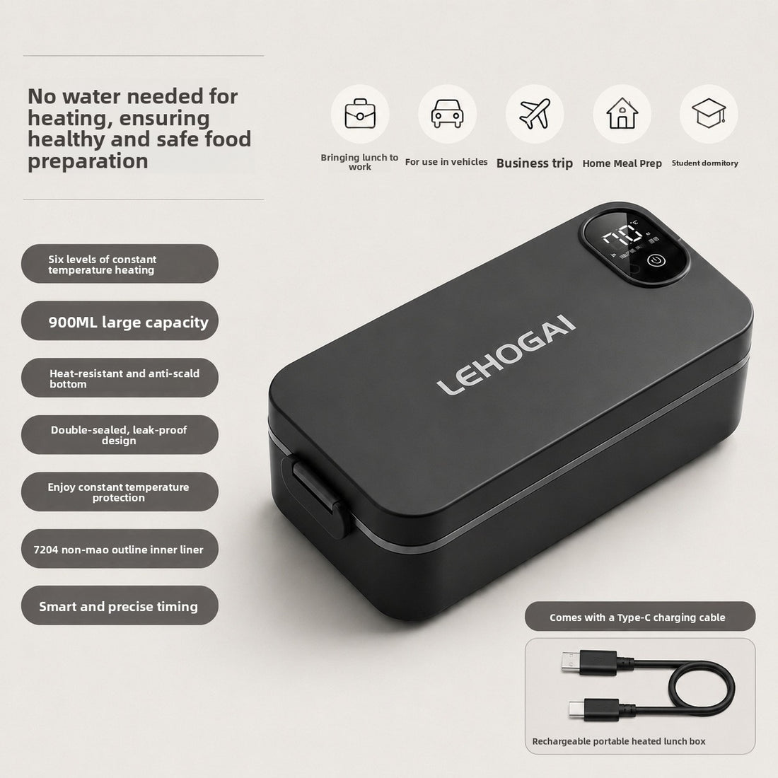 Portable 304 Stainless Steel Waterless Electric Heating Lunch Box