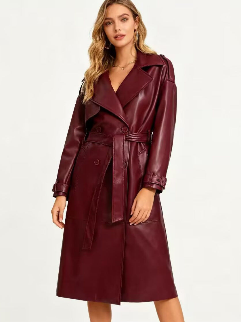 Women's long PU leather trench coat with belt and lapel collar, photo 1