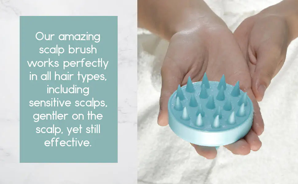 Round silicone hair scalp massager with rows of soft cone-shaped bristles designed to cup in the palm