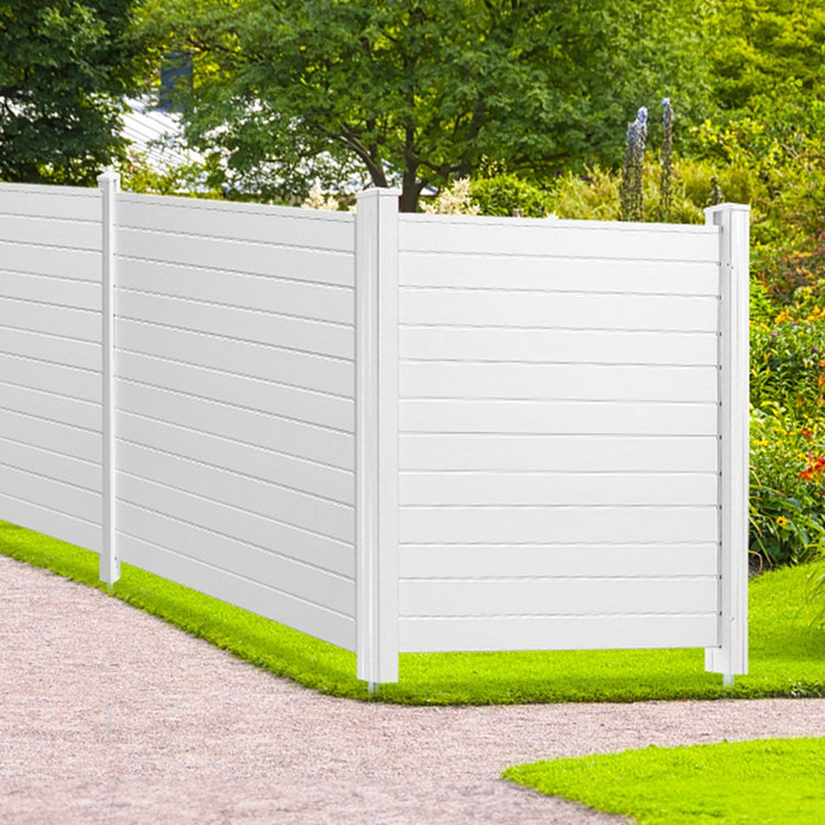 3-panel outdoor privacy screen with horizontal slats hiding AC unit on patio