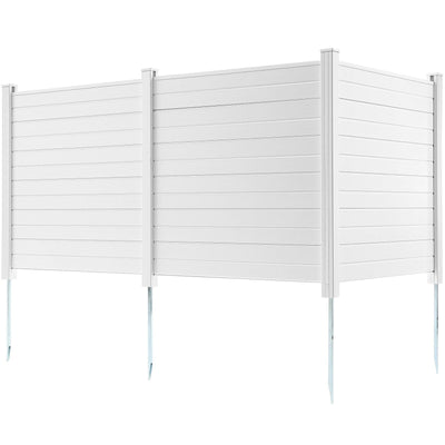 3-panel outdoor privacy screen with horizontal slats hiding AC unit on patio - detail view