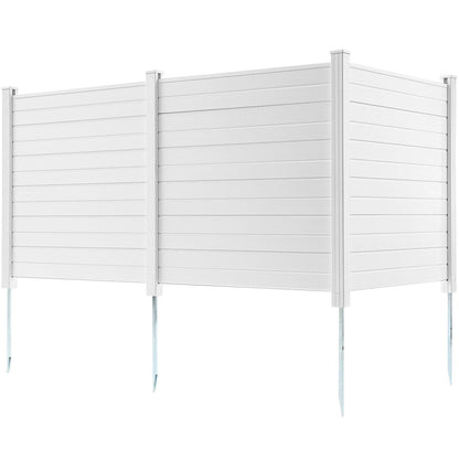 3-panel outdoor privacy screen with horizontal slats hiding AC unit on patio - detail view