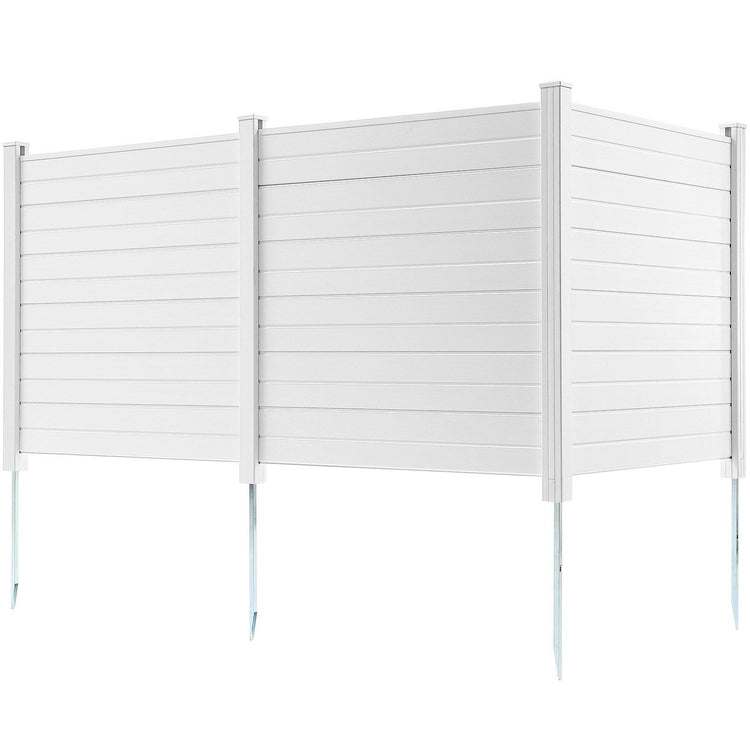 3-panel outdoor privacy screen with horizontal slats hiding AC unit on patio - detail view