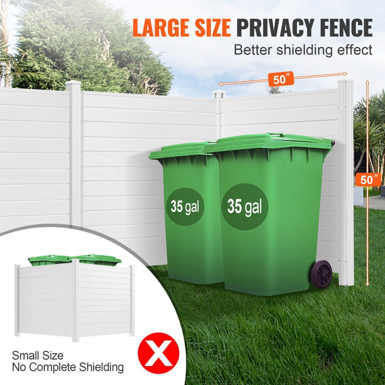 3-panel outdoor privacy screen with horizontal slats hiding AC unit on patio - in-use lifestyle