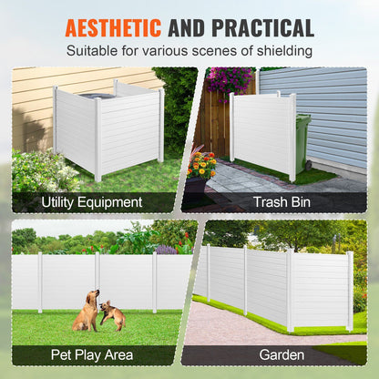 3-panel outdoor privacy screen with horizontal slats hiding AC unit on patio - alternate angle