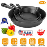 3-piece pre-seasoned cast iron skillet set nested together showing the 6, 8, and 10 inch pans