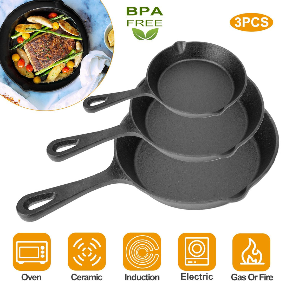 3-Piece Cast Iron Skillet Set angled view