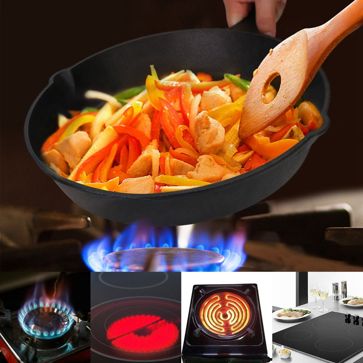 3-Piece Cast Iron Skillet Set in use