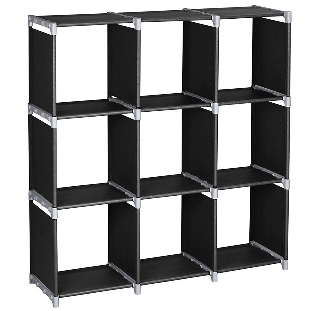 3-Tier 9-Cube Storage Organizer Shelf in-use view, 9-cube storage organizer shelf
