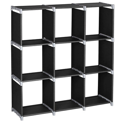 3-Tier 9-Cube Storage Organizer Shelf in-use view, 9-cube storage organizer shelf