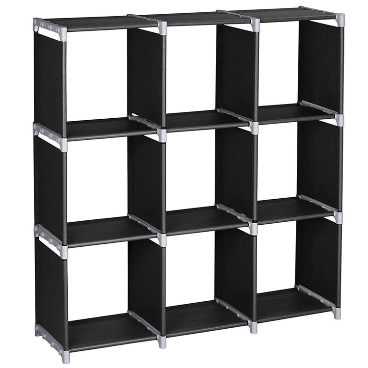3-Tier 9-Cube Storage Organizer Shelf in-use view, 9-cube storage organizer shelf