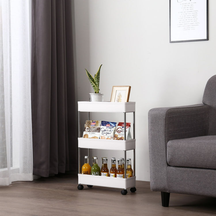 3-tier slim rolling storage cart in white finish