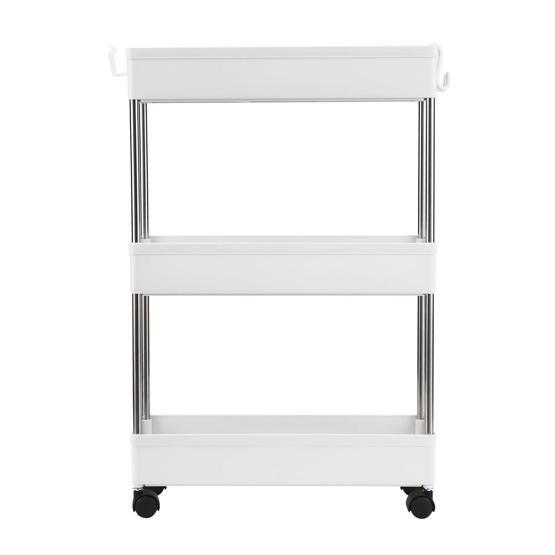 Slim rolling storage cart used in kitchen pantry gap