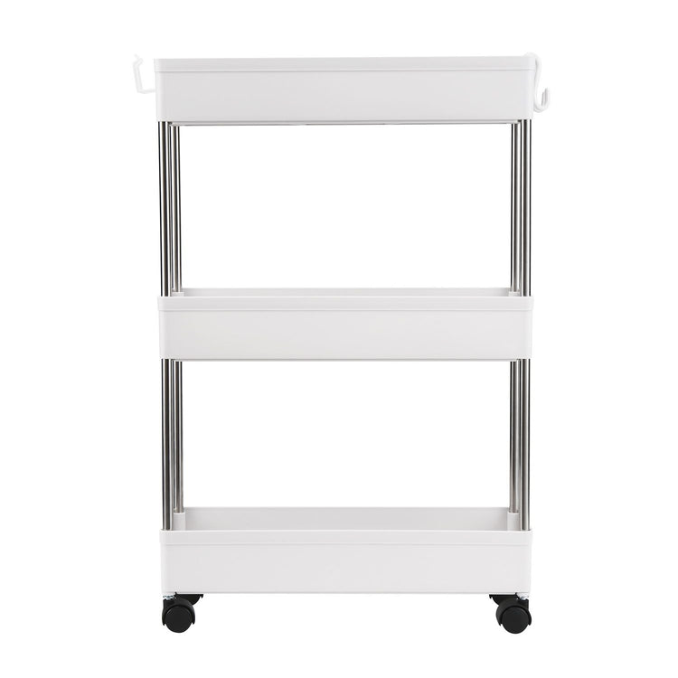 Slim rolling storage cart used in kitchen pantry gap